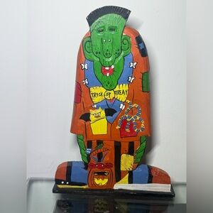 Vintage 10” Halloween Wooden Hand Painted Carved Frankenstein Figure Stand Decor